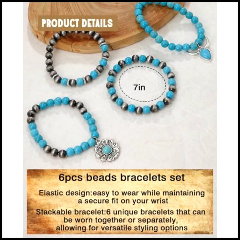 Turquoise Bead Stretch Bracelets Set Western Boho… - image 2